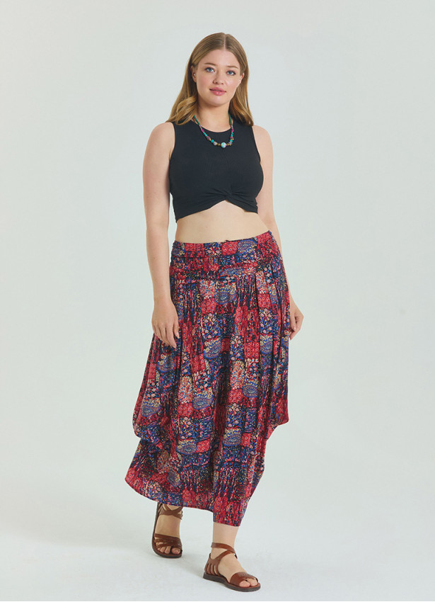Red Patterned Plus Size Skirt with Elastic Waist Drape Detail 4603